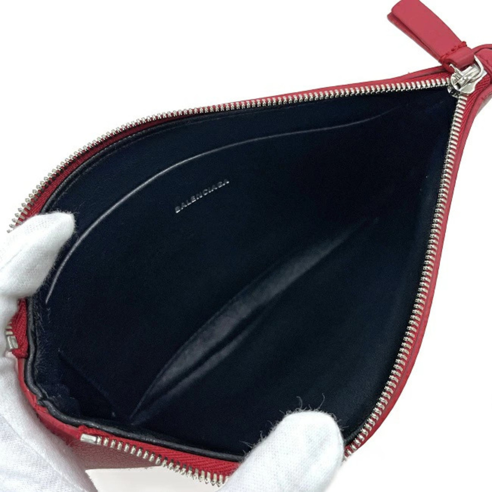 Balenciaga Clutch Red Black Leather Clutch Bag Zipper Logo One Point - Picture 4 of 10